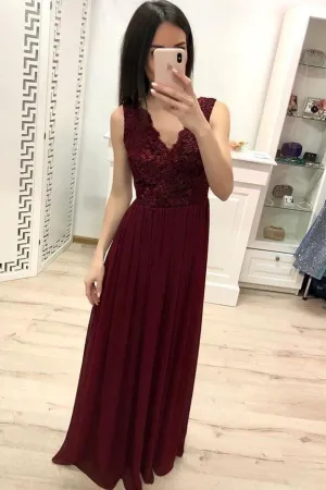 Burgundy Chiffon Lace Appliques Prom Dresses Long Prom Gown   PM203