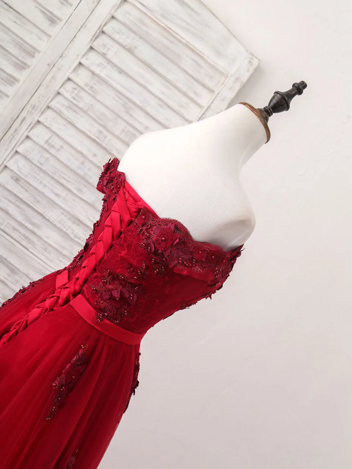 Burgundy Off Shoulder Tulle Lace Applique Long Prom Dress Evening Dress