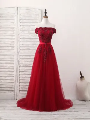 Burgundy Off Shoulder Tulle Lace Applique Long Prom Dress Evening Dress