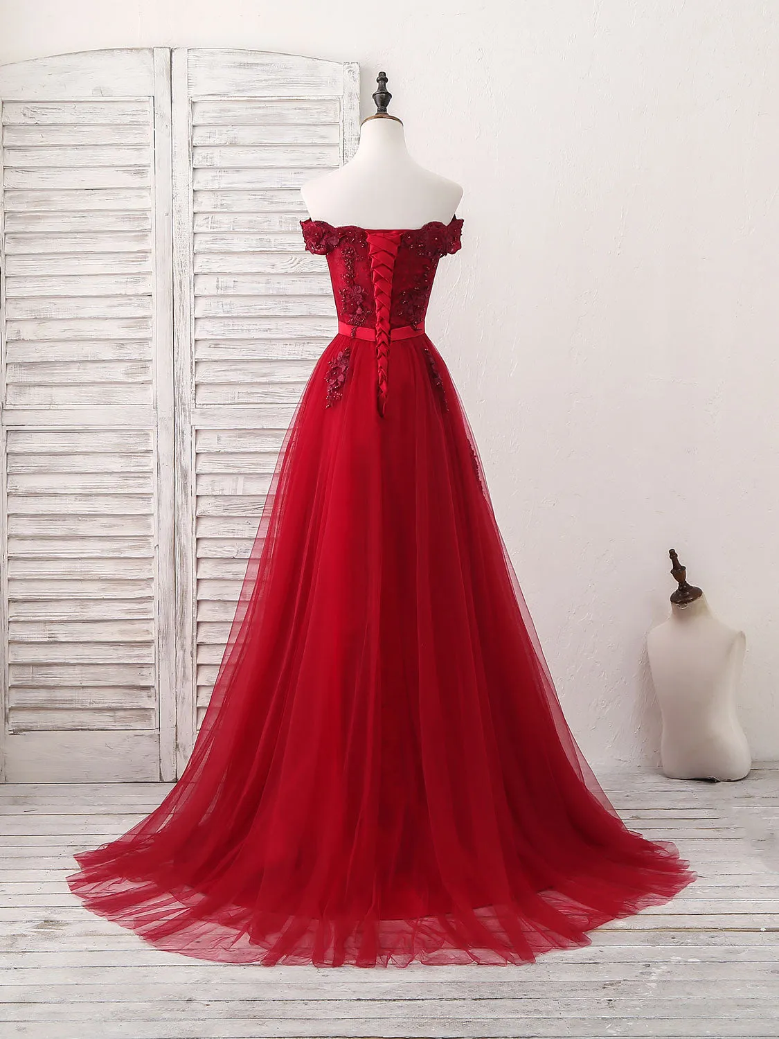 Burgundy Off Shoulder Tulle Lace Applique Long Prom Dress Evening Dress