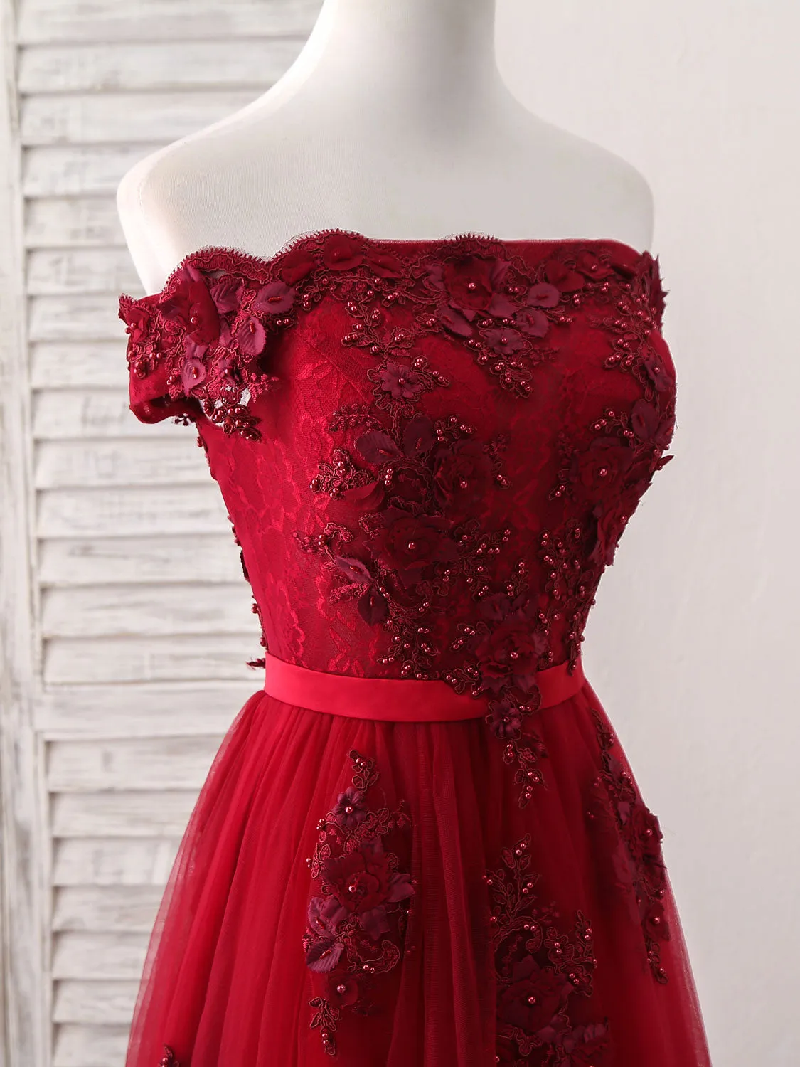 Burgundy Off Shoulder Tulle Lace Applique Long Prom Dress Evening Dress