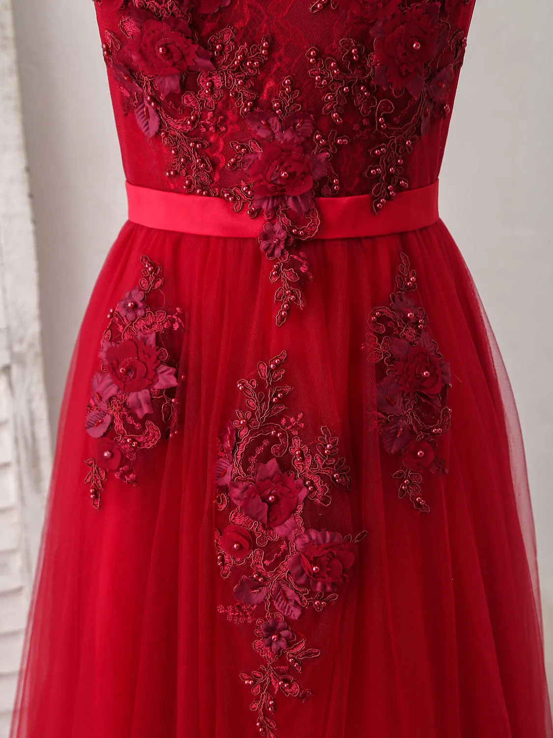 Burgundy Off Shoulder Tulle Lace Applique Long Prom Dress Evening Dress