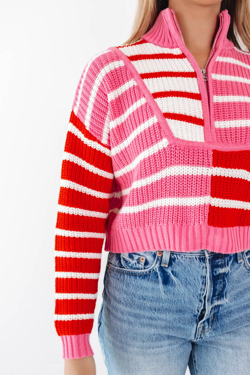 Candy Stripe Cropped Sweater - Pink/Red