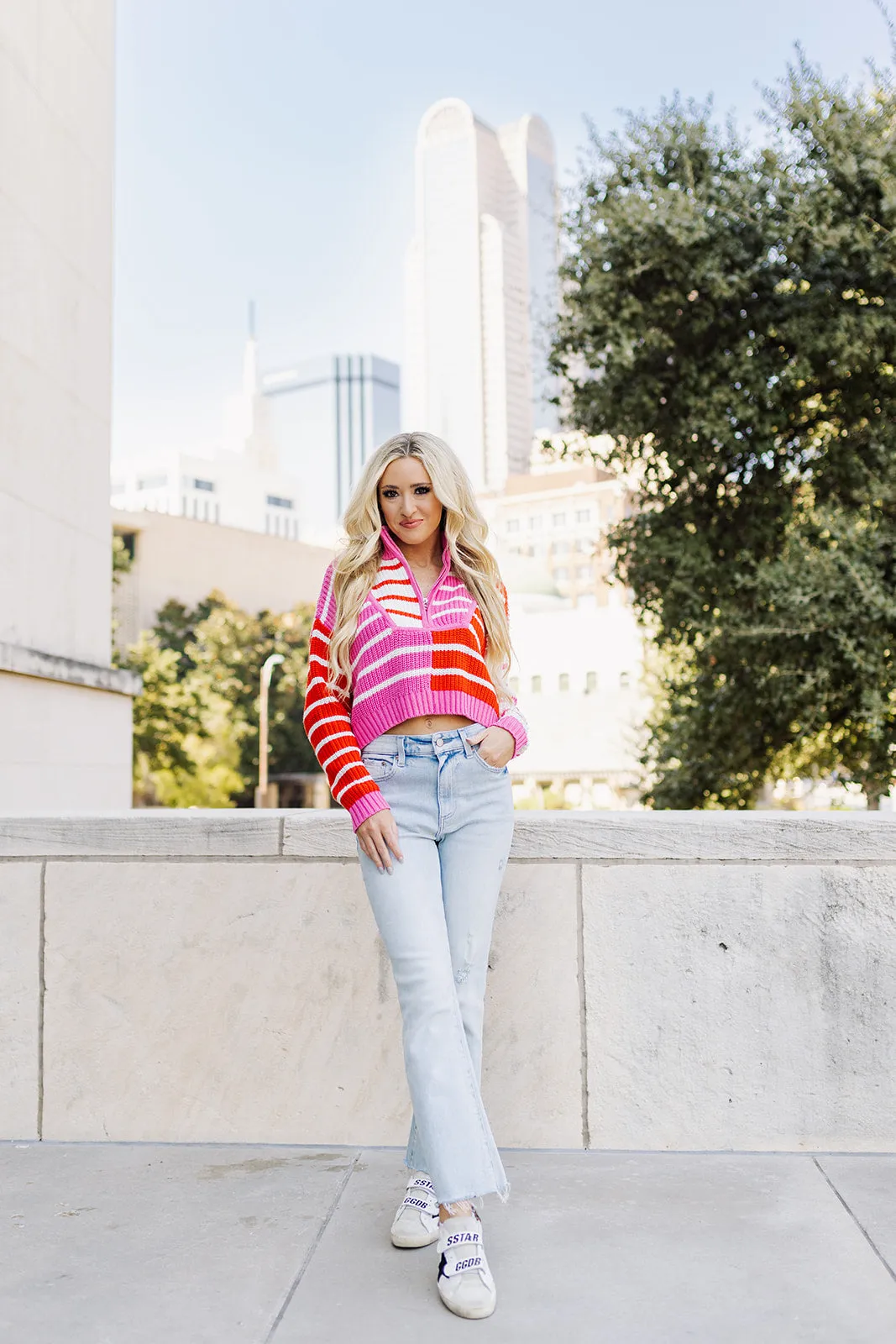 Candy Stripe Cropped Sweater - Pink/Red