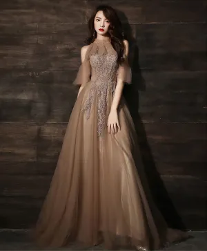 Champagne High Neck Tulle Lace Long Prom Dress Formal Dress