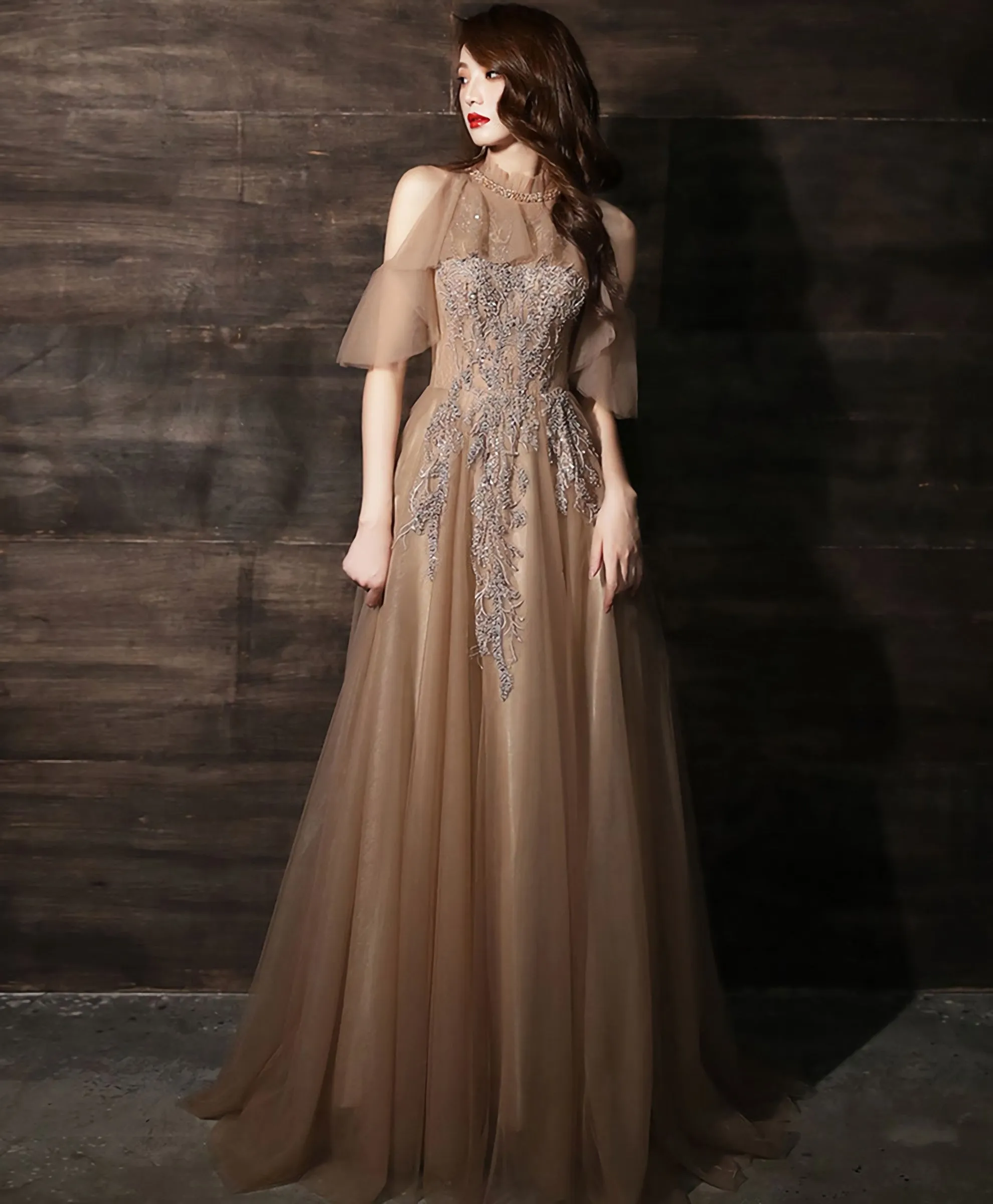 Champagne High Neck Tulle Lace Long Prom Dress Formal Dress