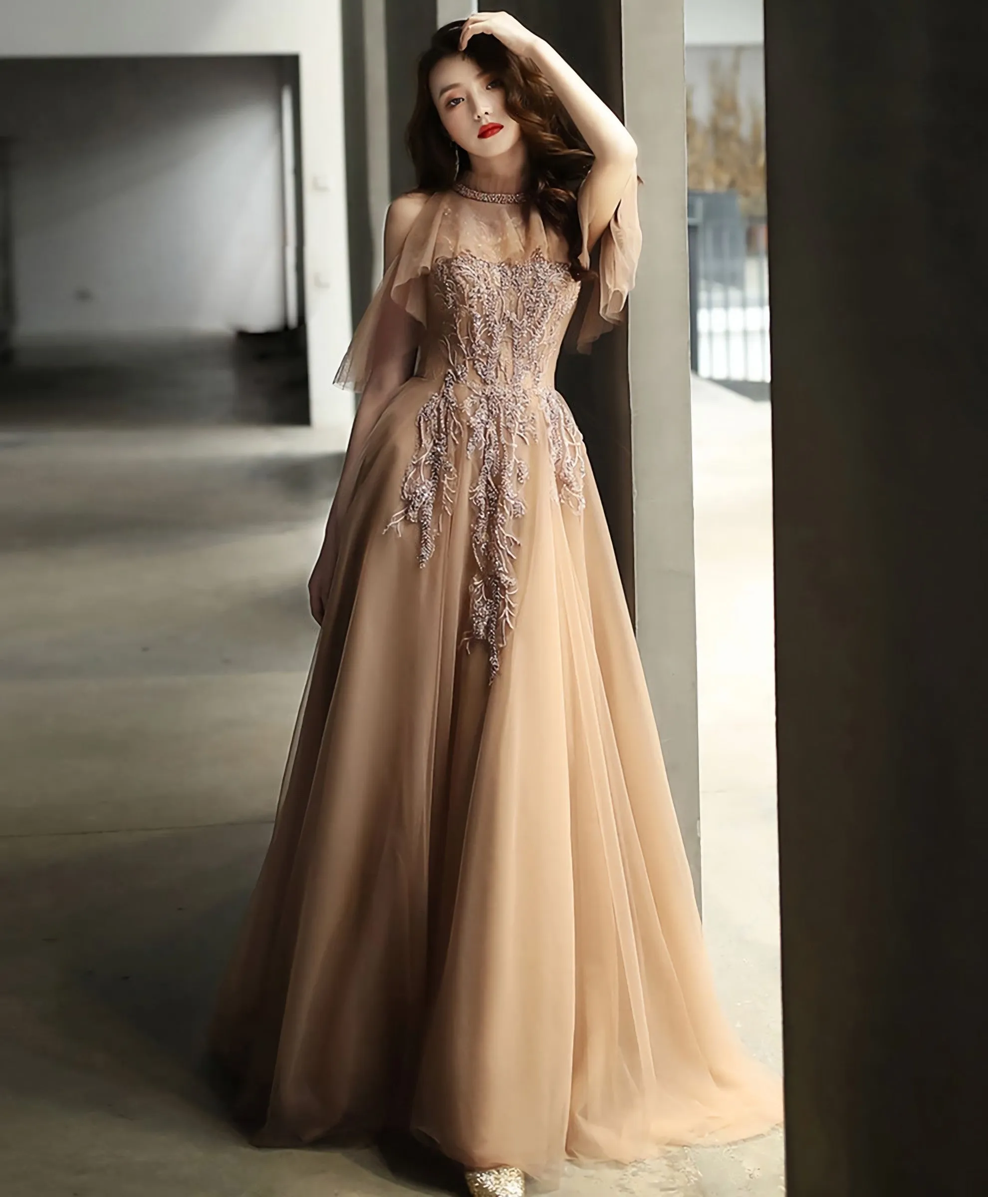 Champagne High Neck Tulle Lace Long Prom Dress Formal Dress