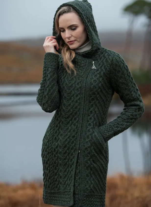 Claddagh Heart Design Long Side Zip Coat - Army Green