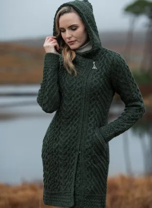 Claddagh Heart Design Long Side Zip Coat - Army Green