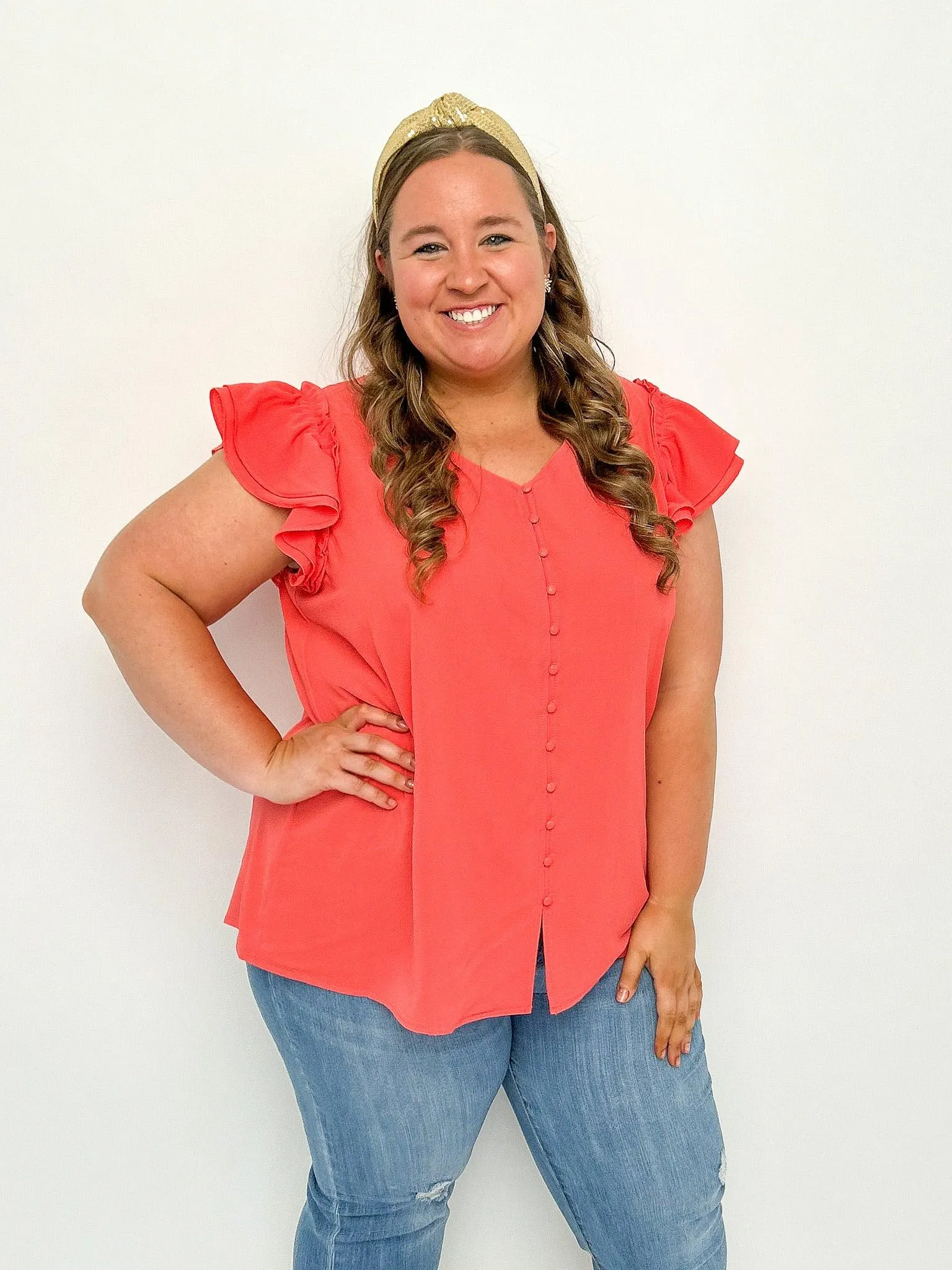 Coral Buttoned Ruffle Top