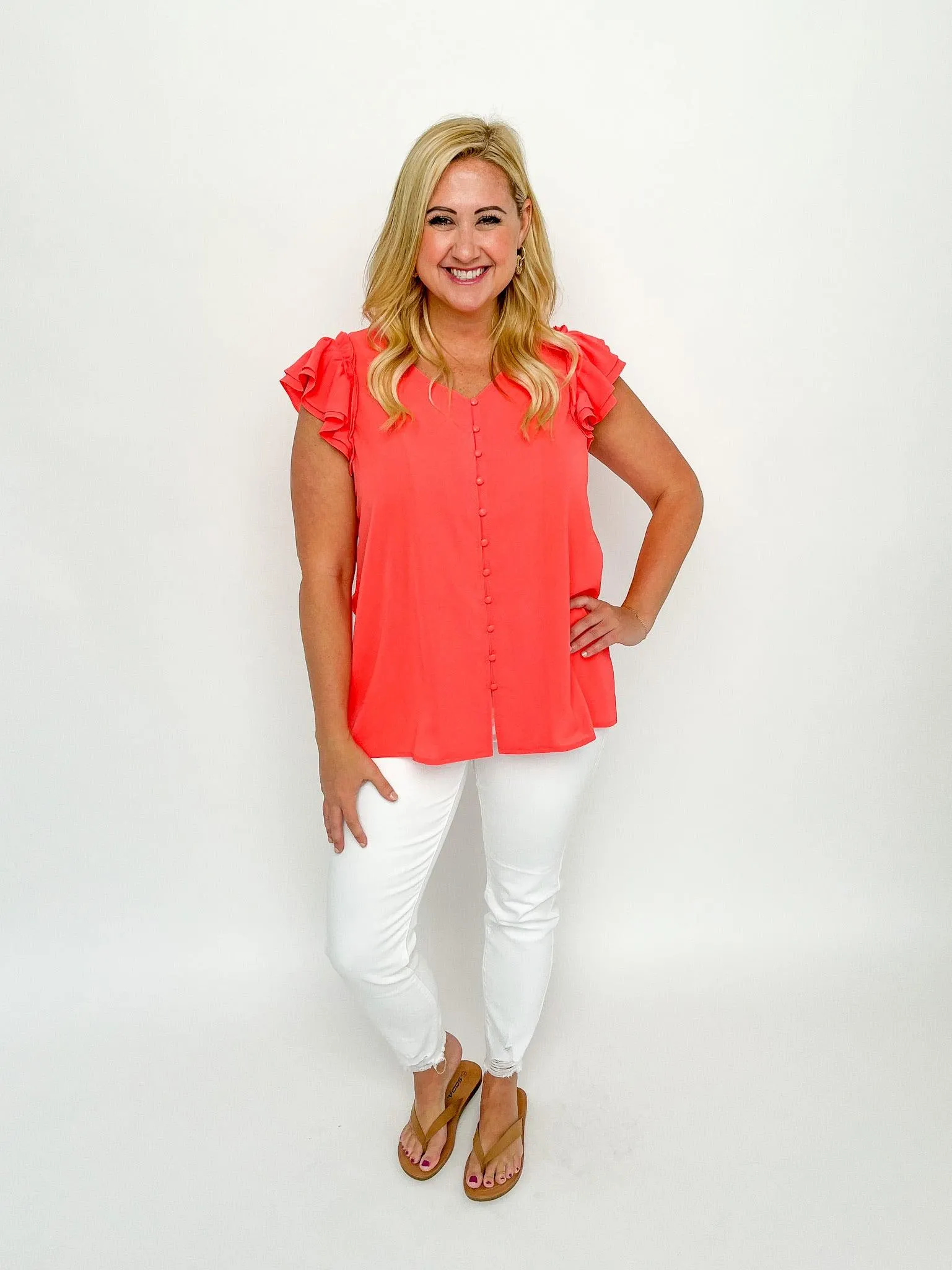 Coral Buttoned Ruffle Top