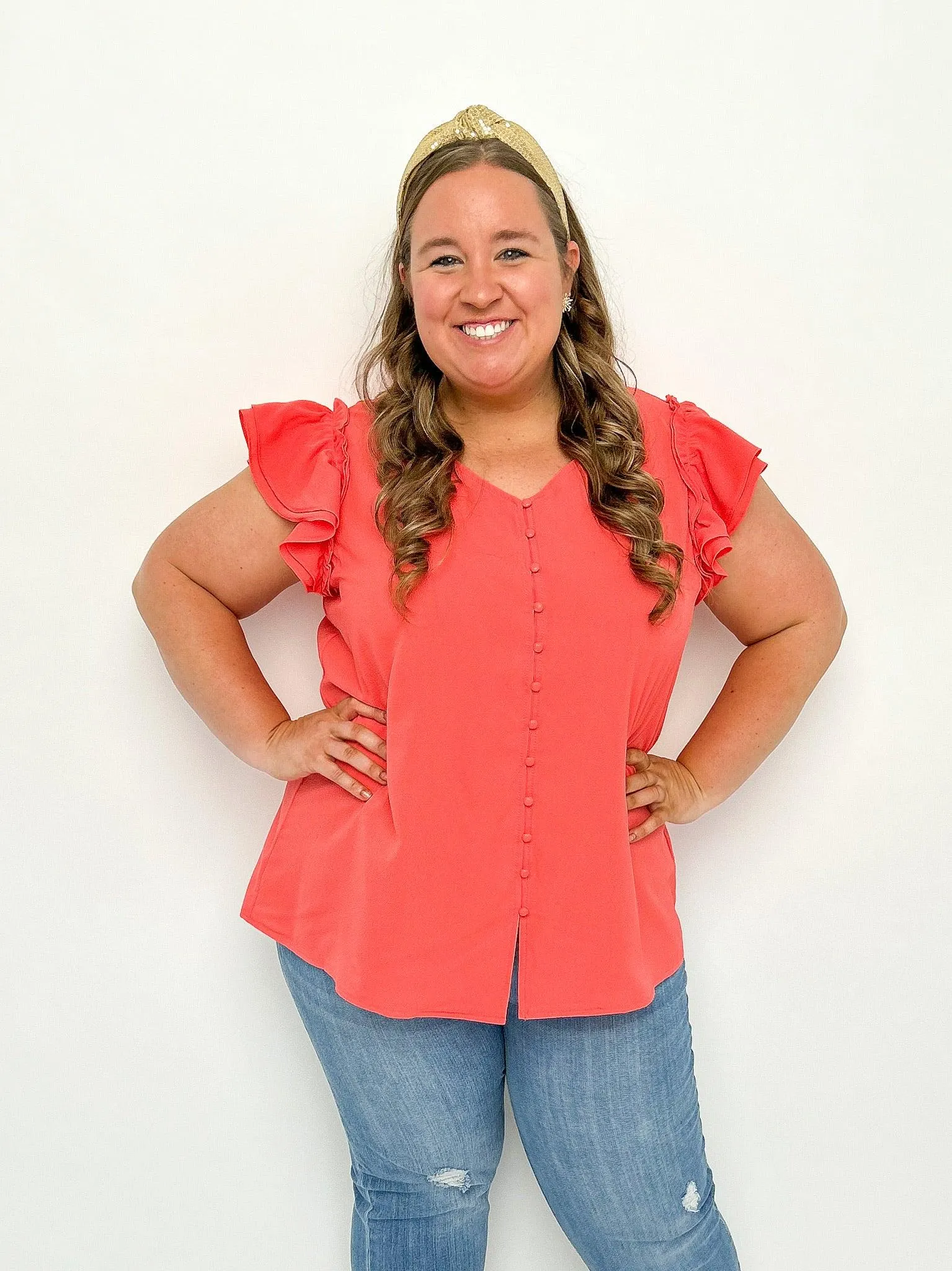 Coral Buttoned Ruffle Top