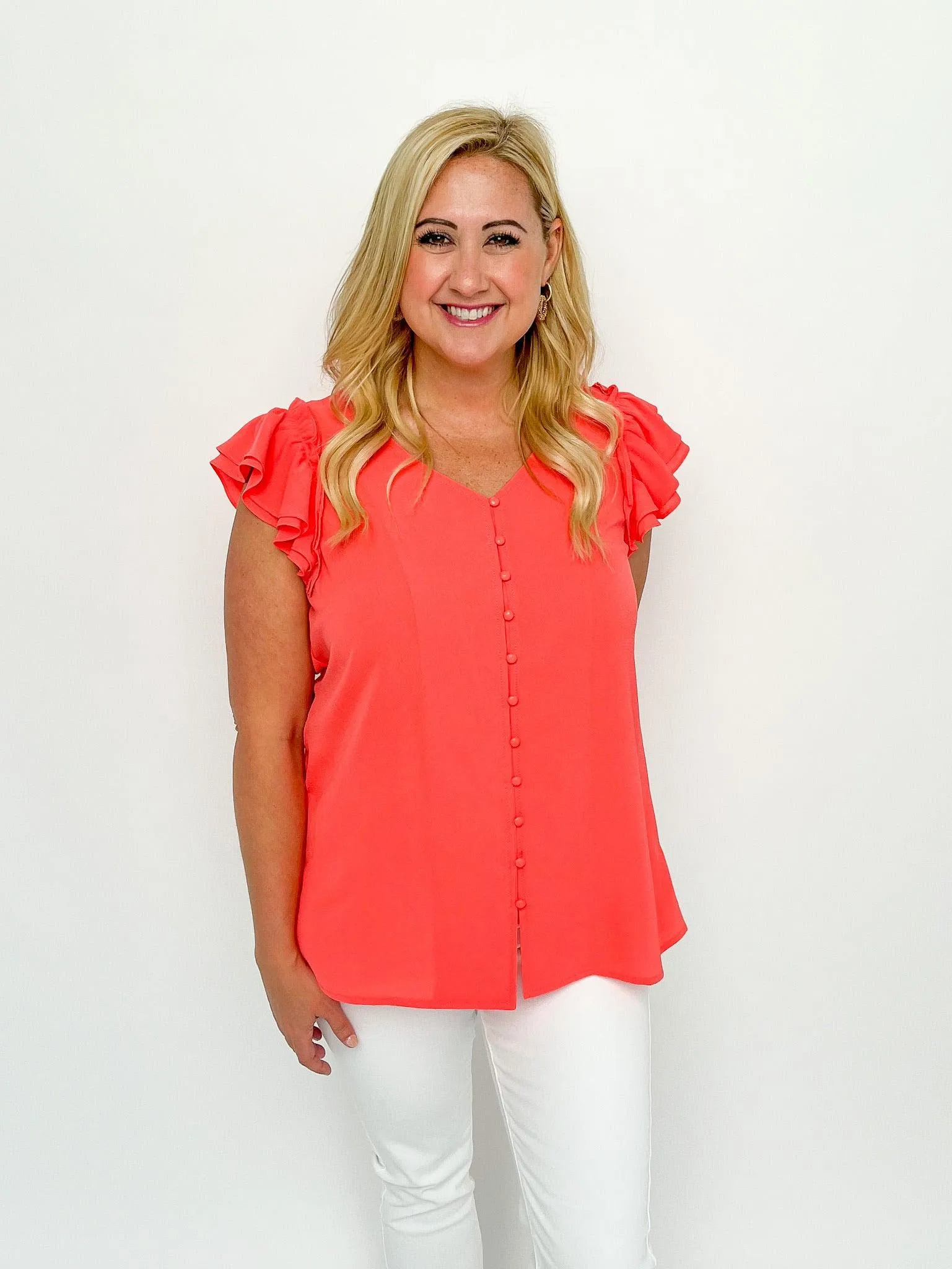 Coral Buttoned Ruffle Top