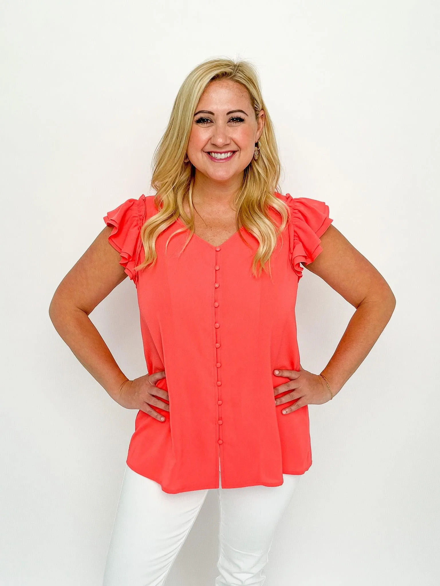 Coral Buttoned Ruffle Top