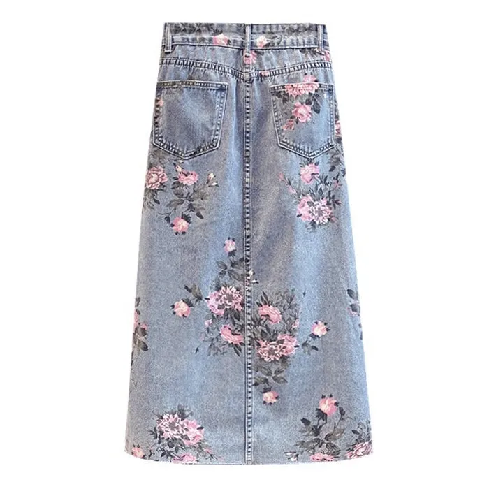 Cottage Floral Long Denim Skirt