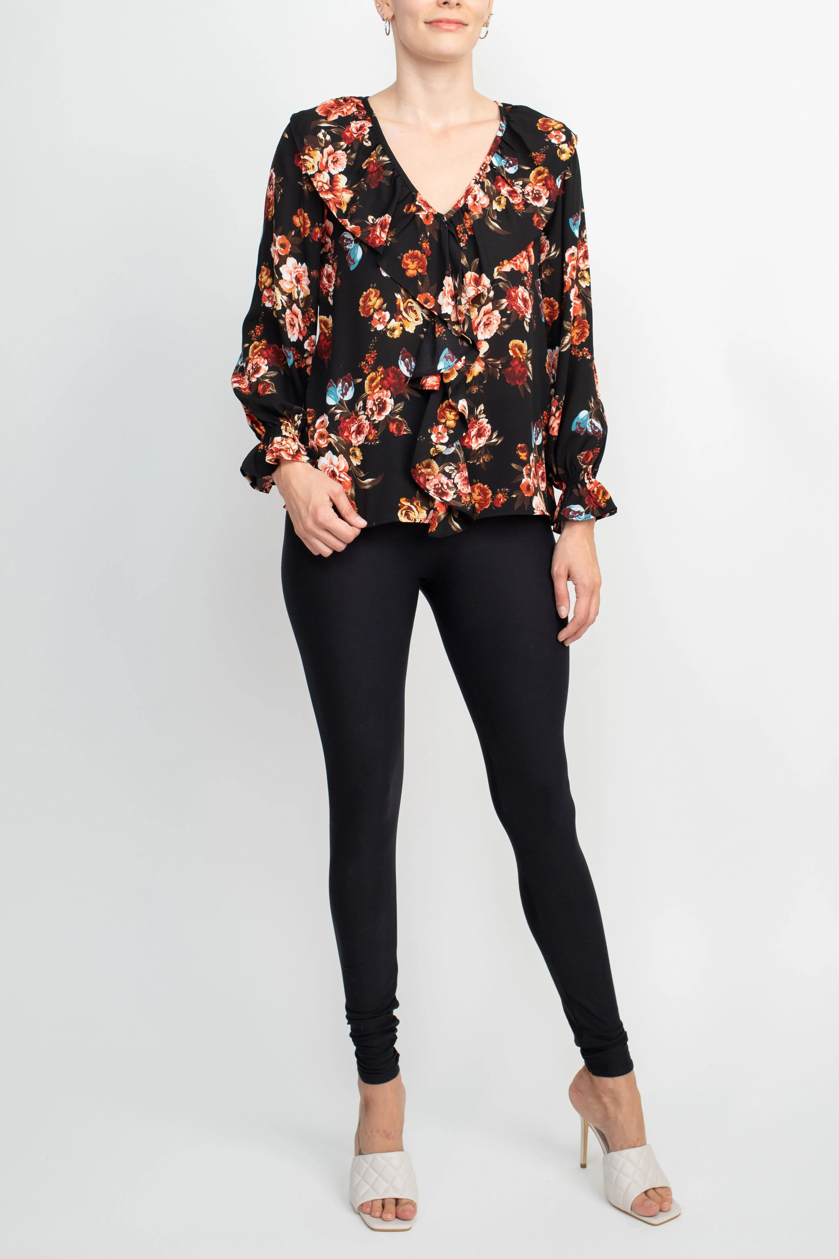 Counterparts Ruffled V-Neck Long Elastic Cuff Long Sleeve Multi Print Crepe Top