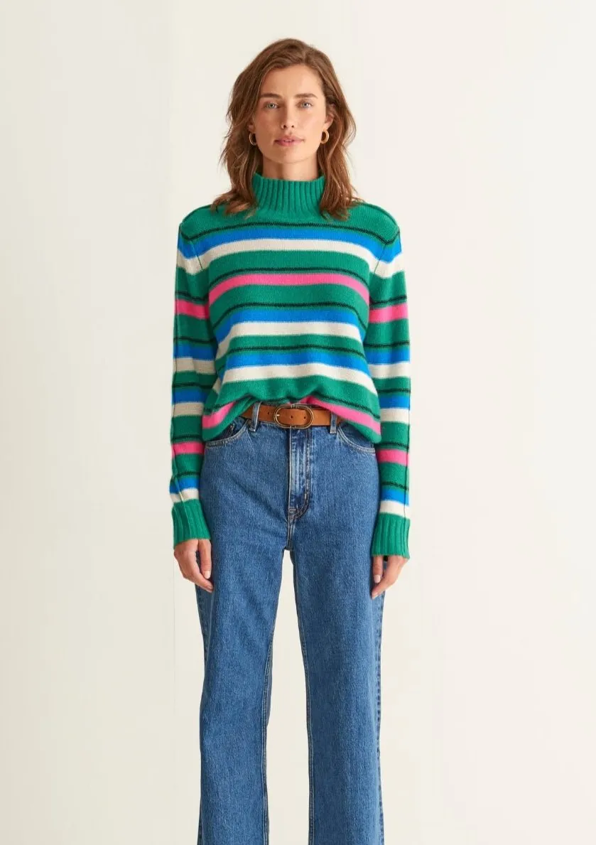 Cropped Polo Neck Sweater in Green Stripe