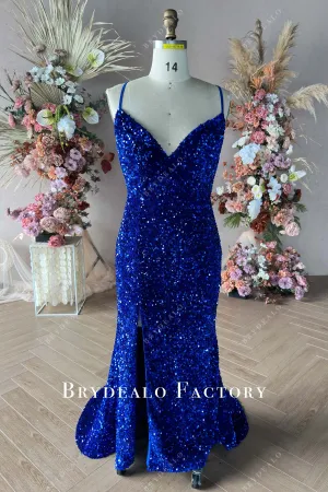 Custom Plus Size Stretchy Sequin Blue Plunging Neck Slit Prom Dress