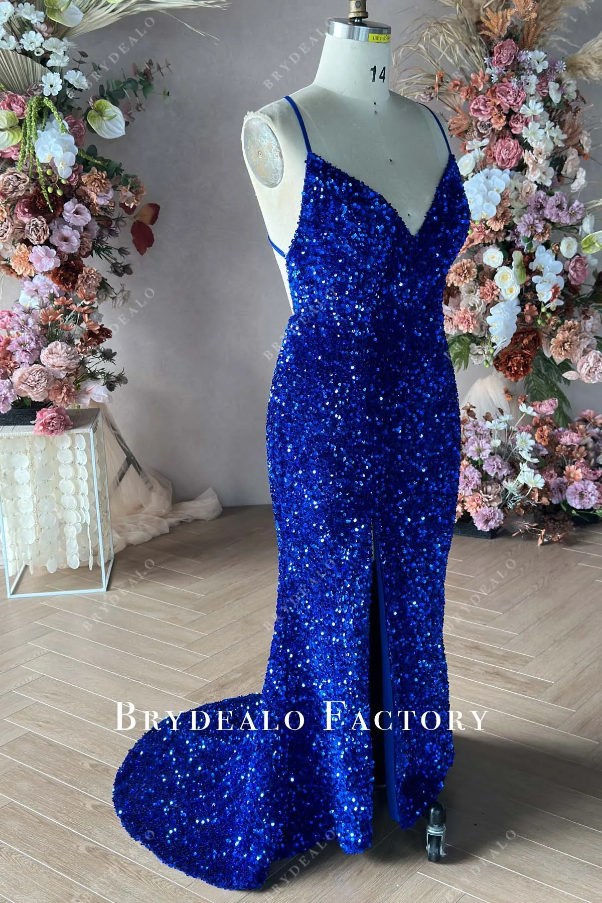 Custom Plus Size Stretchy Sequin Blue Plunging Neck Slit Prom Dress