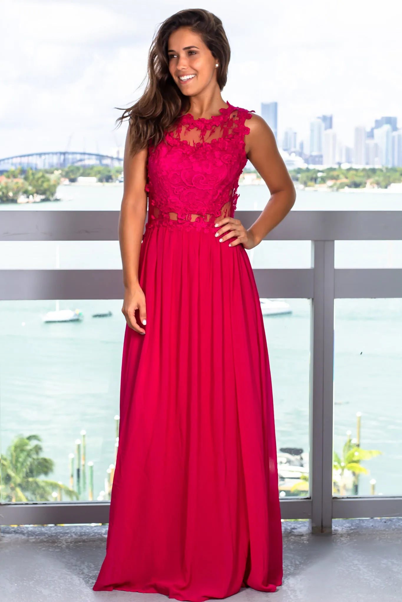 Dark Fuchsia Lace Top Maxi Dress