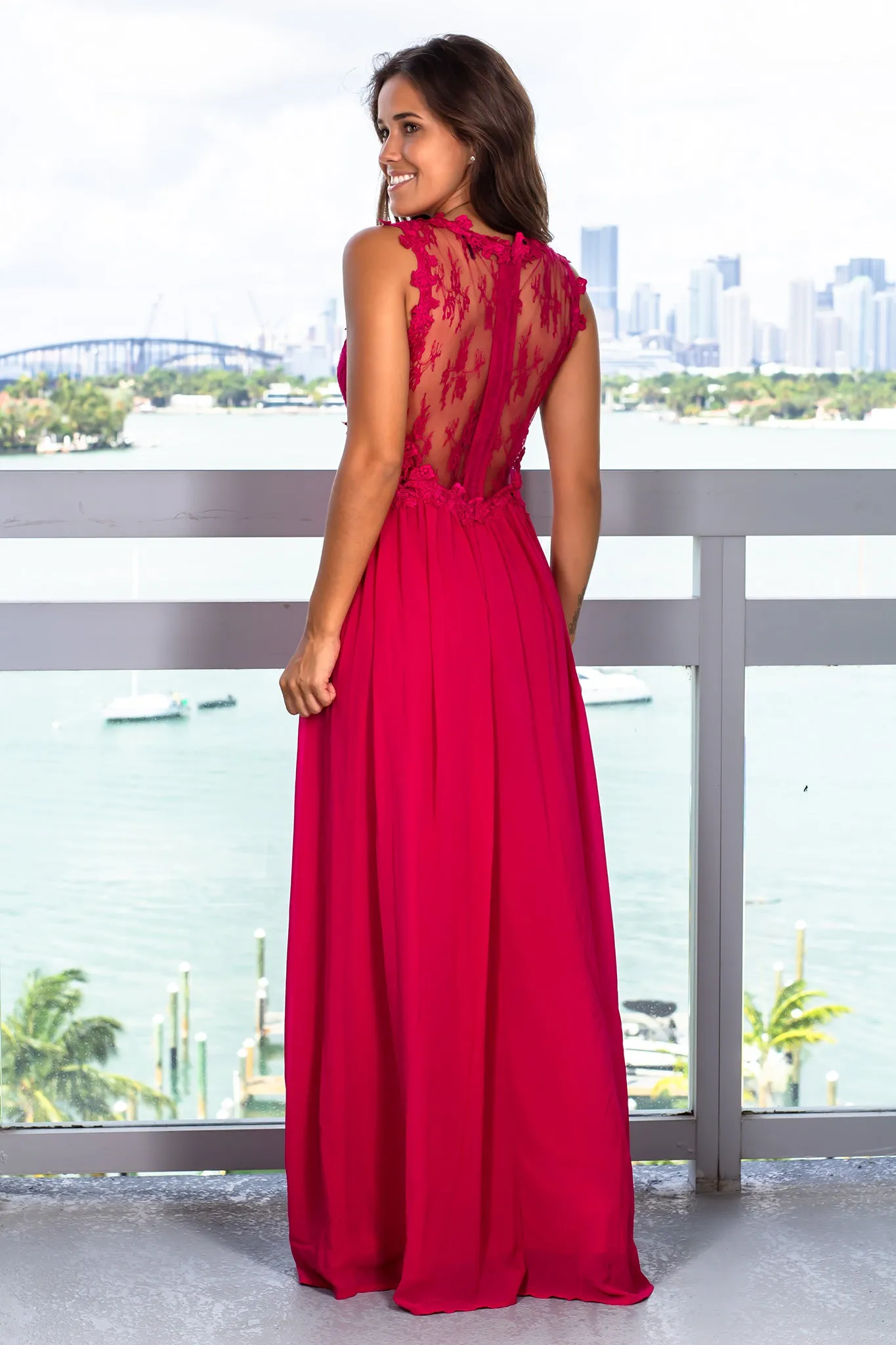 Dark Fuchsia Lace Top Maxi Dress