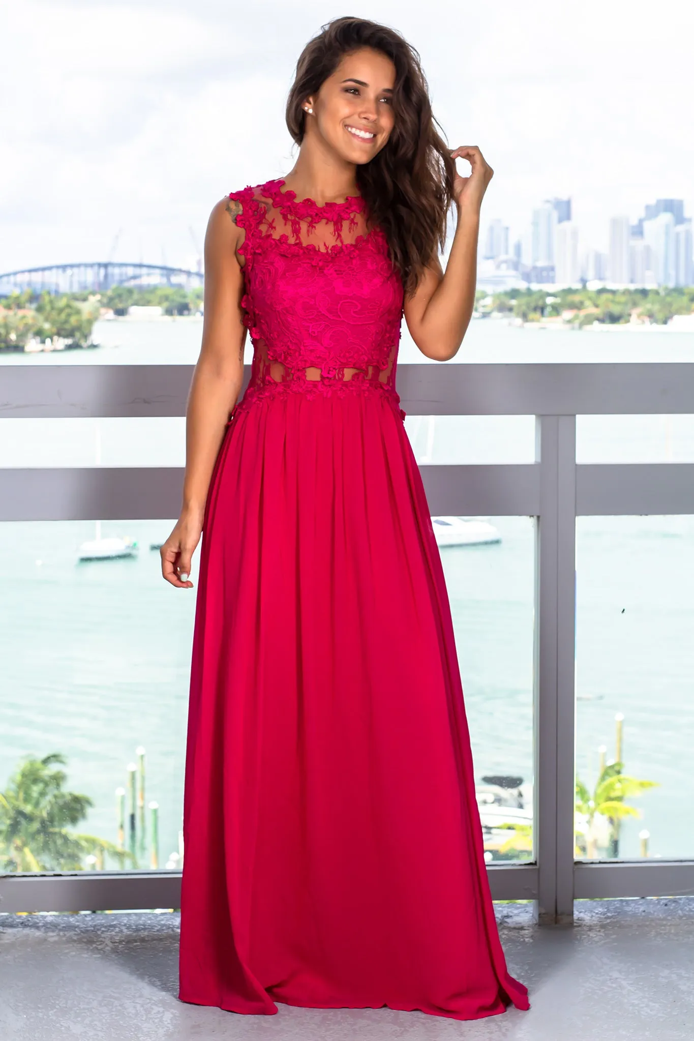 Dark Fuchsia Lace Top Maxi Dress