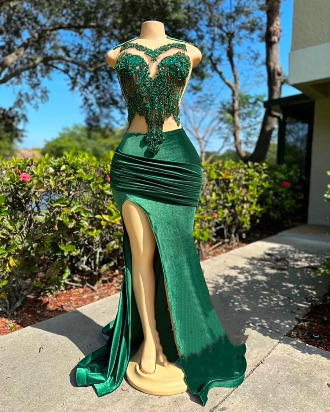 Dark Green Ruched Satin 3D Crystals Mermaid Prom Dress with Side Slit