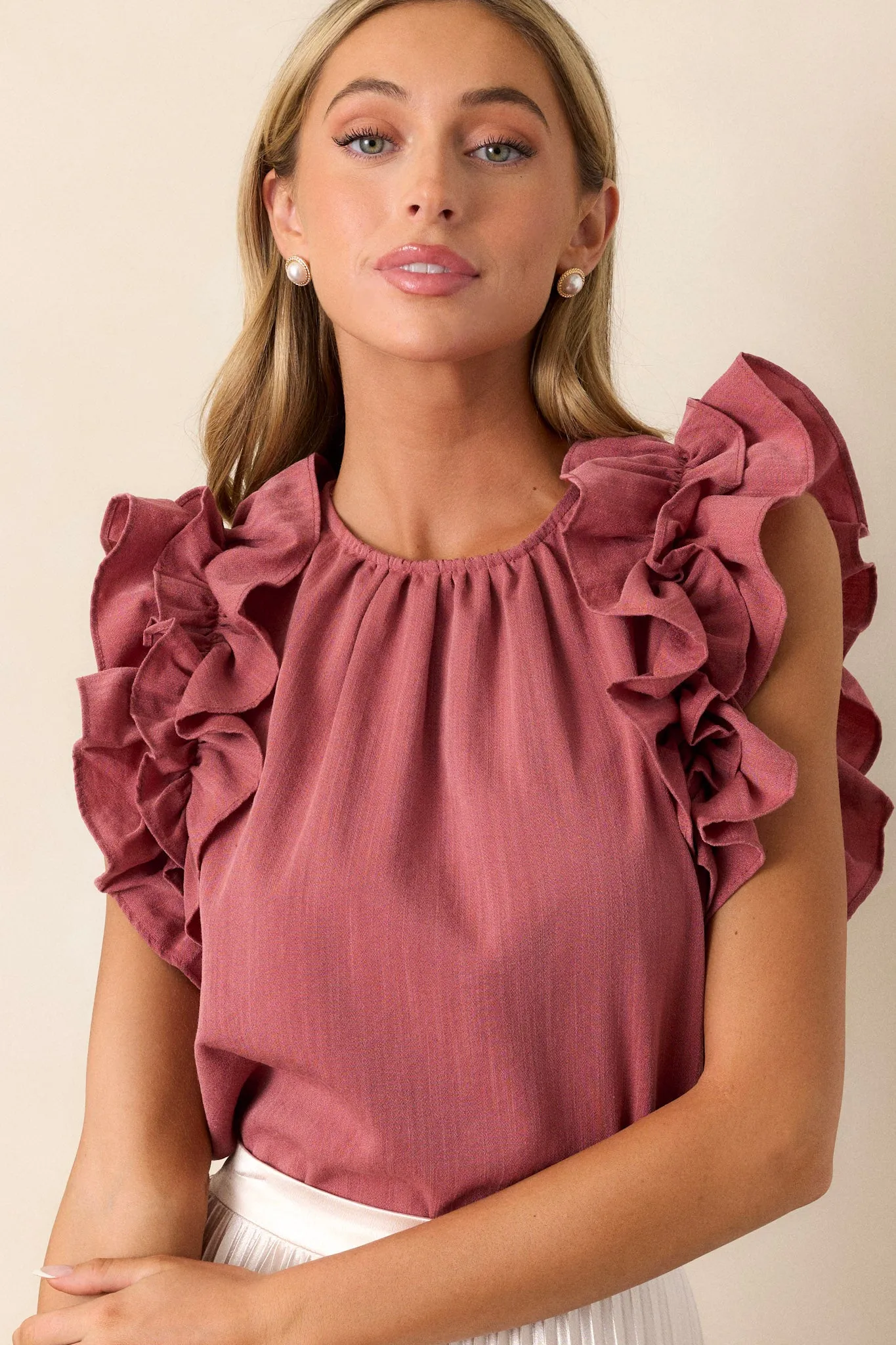 Dawn Of My Heart Porcelain Rose Ruffled Top