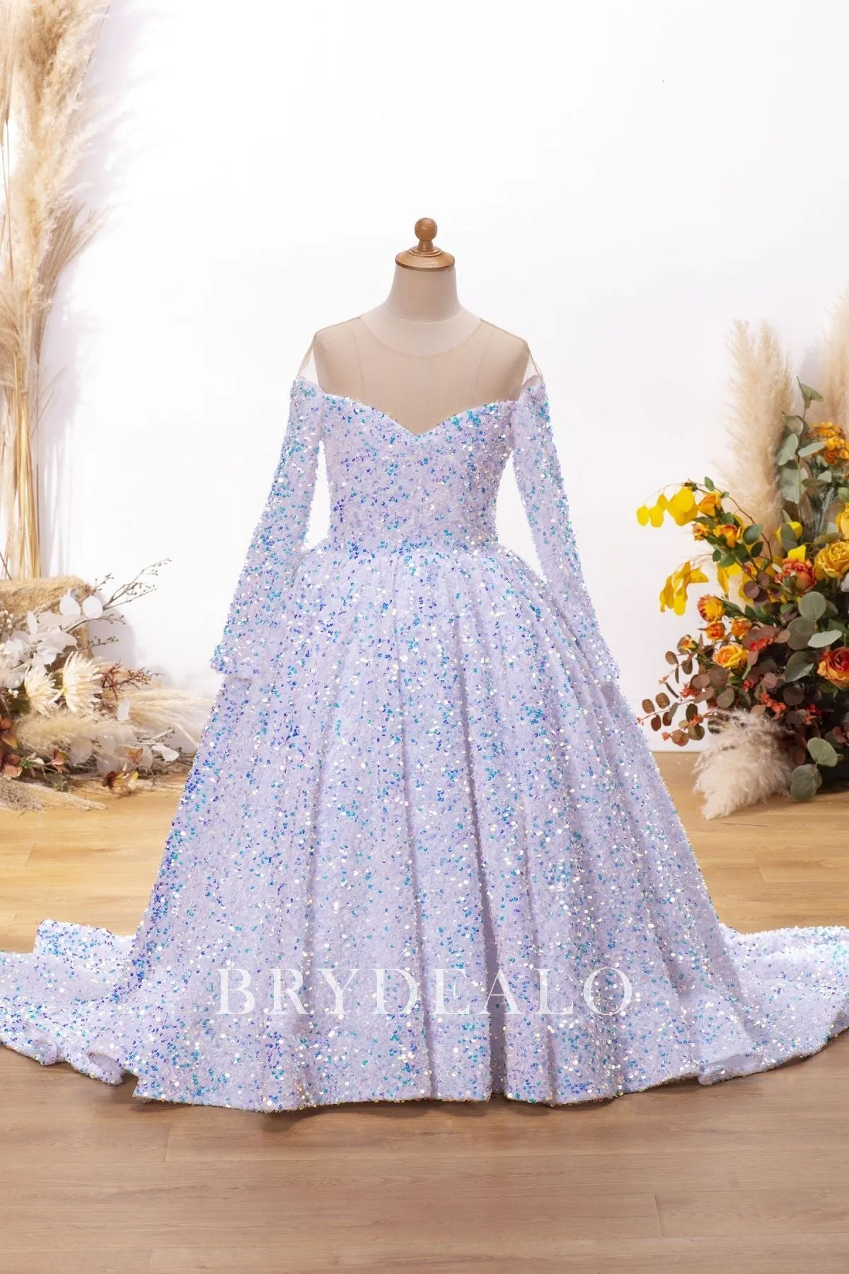 Designer Iridescent Sequin Long Train Flower Girl Wedding Ball Gown