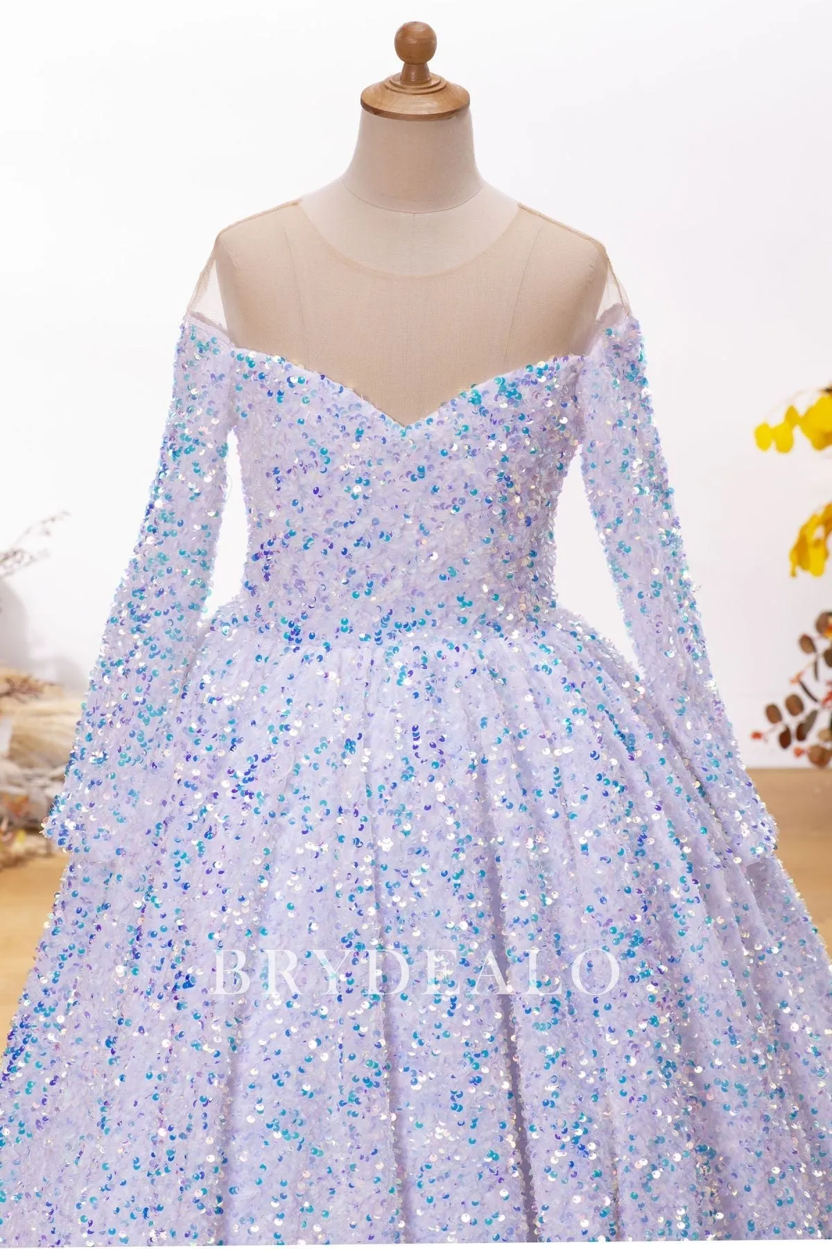 Designer Iridescent Sequin Long Train Flower Girl Wedding Ball Gown