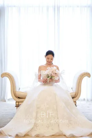 Designer Jacquard Off the Shoulder Ivory Ball Gown Custom Wedding Dress