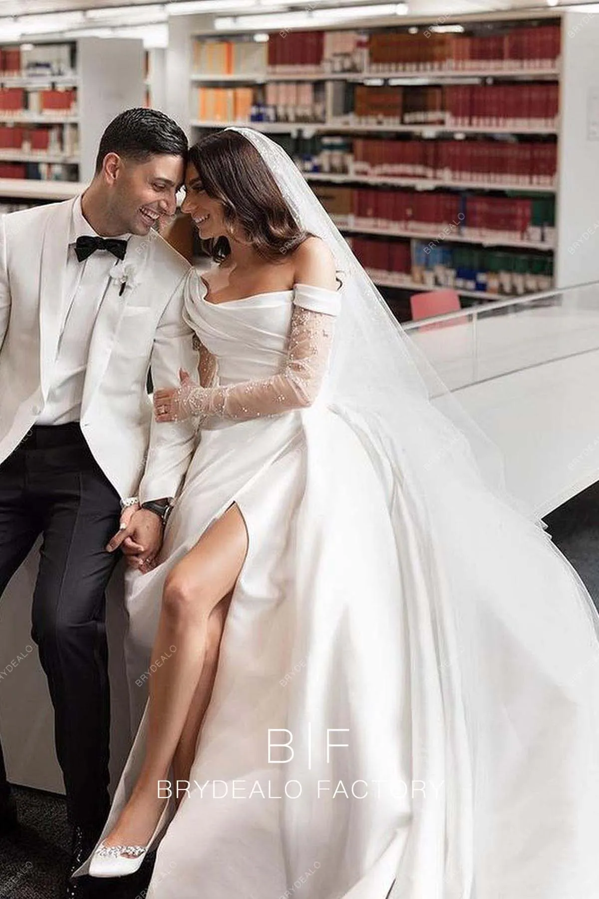 Designer Satin Off Shoulder Sheer Sleeve Slit Custom Wedding Ball Gown