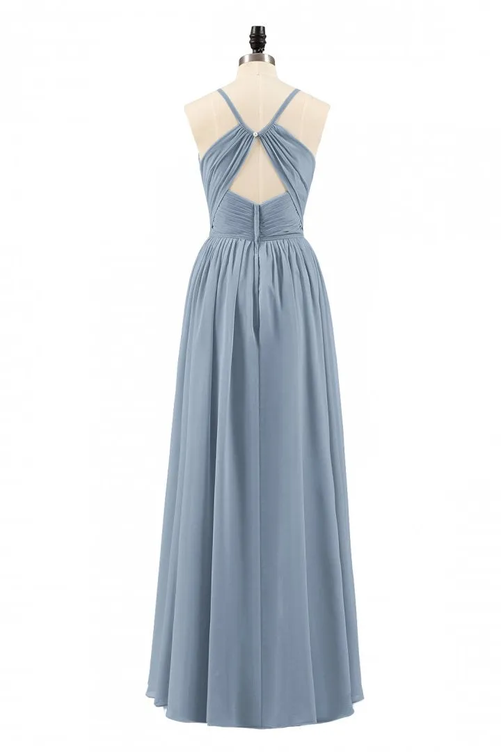 Dusty Blue Chiffon Cutout Back A-Line Long Bridesmaid Dress