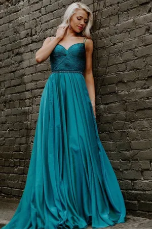 Elegant Green Chiffon Long Prom Dress with Belt, Green Chiffon Formal Graduation Evening Dress A1495