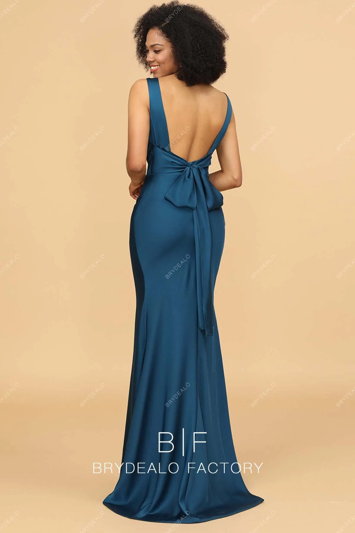 Elegant Ink Blue Satin Cowl Neck Mermaid Long Dress