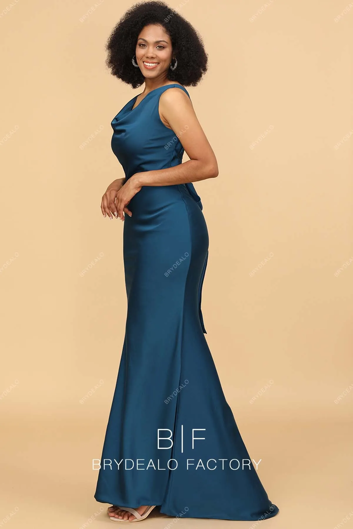 Elegant Ink Blue Satin Cowl Neck Mermaid Long Dress