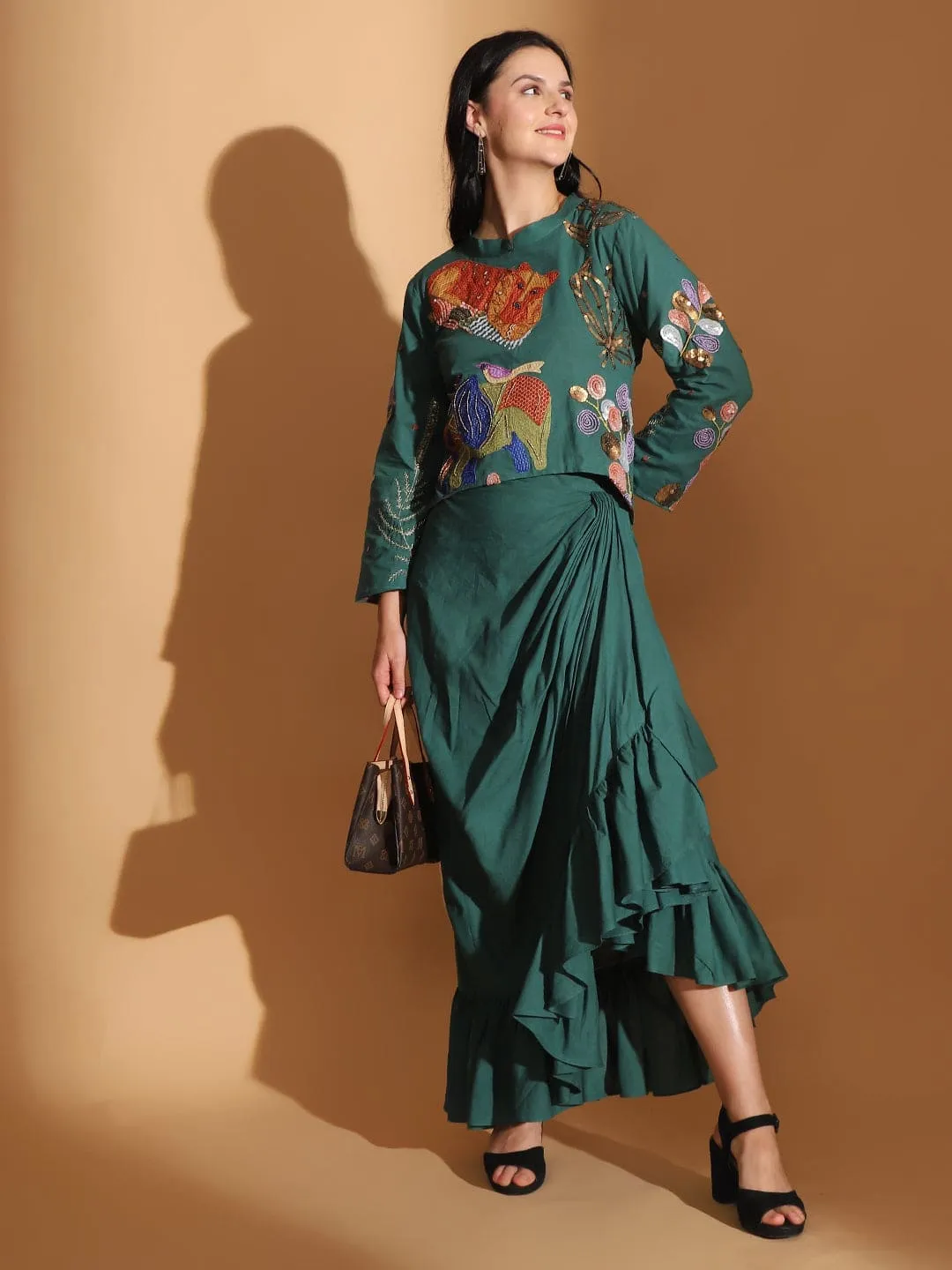 Emerald Gond Artwork Dress With Ruffle Skirt