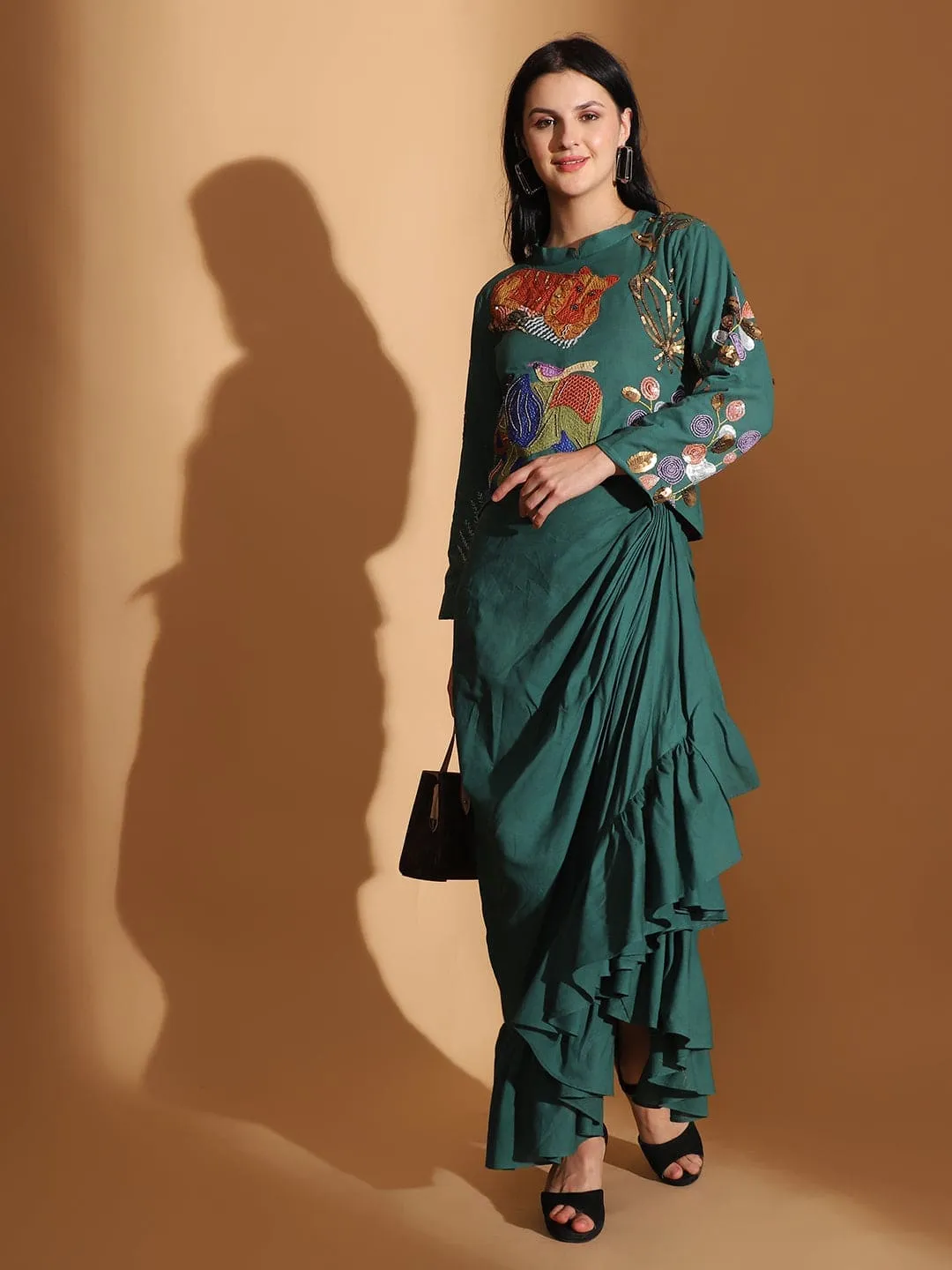 Emerald Gond Artwork Dress With Ruffle Skirt