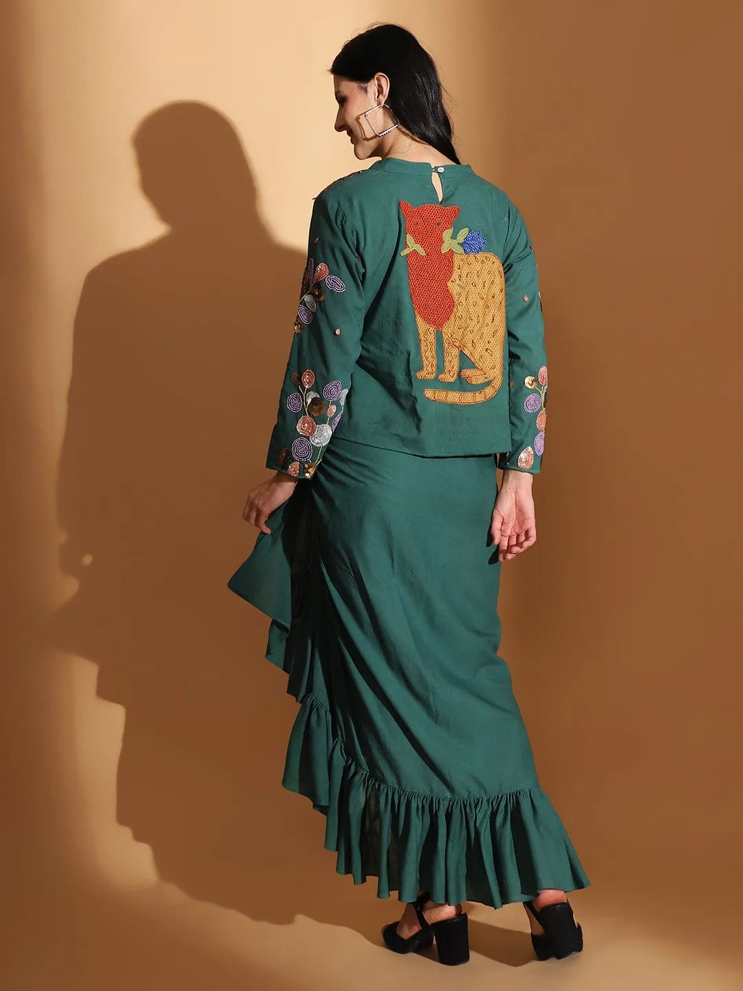 Emerald Gond Artwork Dress With Ruffle Skirt