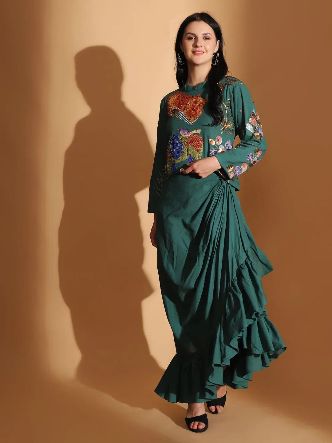 Emerald Gond Artwork Dress With Ruffle Skirt