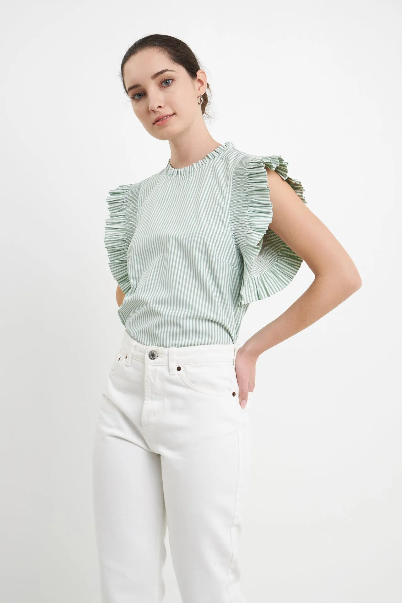 English Factory - Striped Ruffled Top in Green