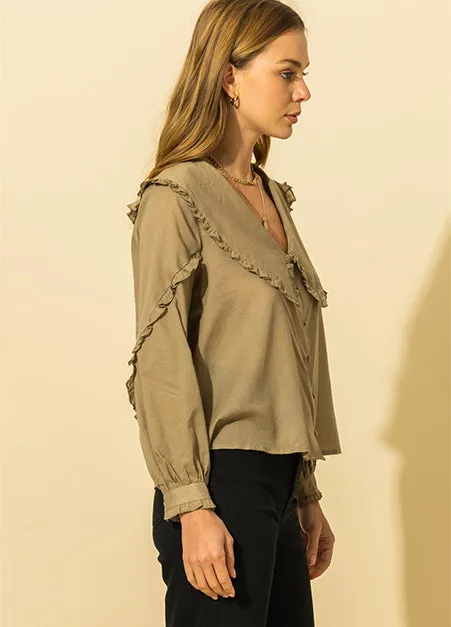 Eyelet Trim Ruffle Collar Olive Top