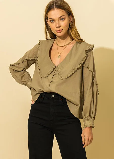 Eyelet Trim Ruffle Collar Olive Top