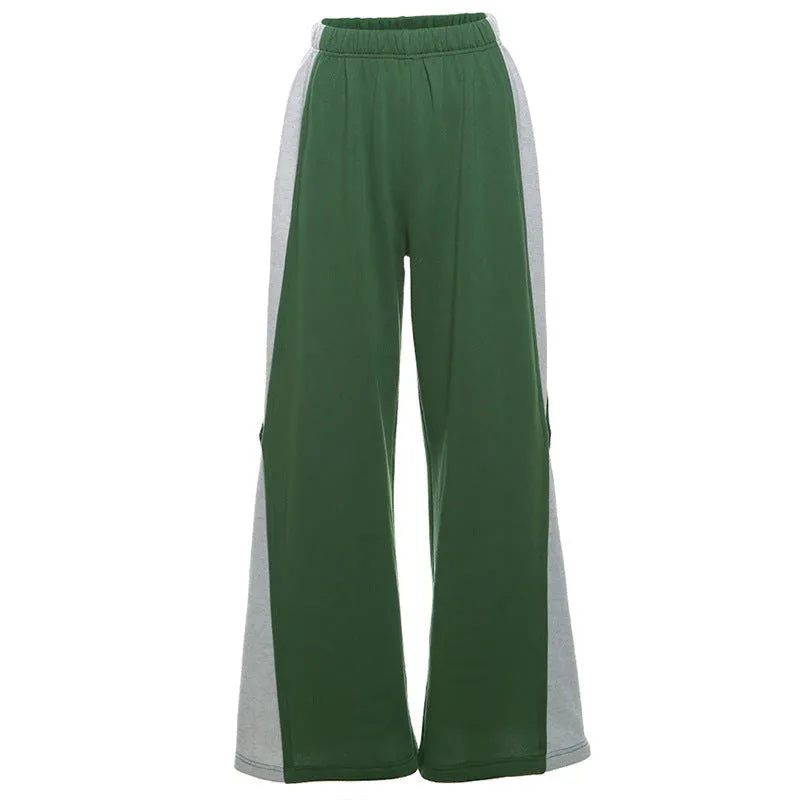 Fall Women Clothing Color Contrast Stitching High Waist Straight Wide Leg Casual Trousers