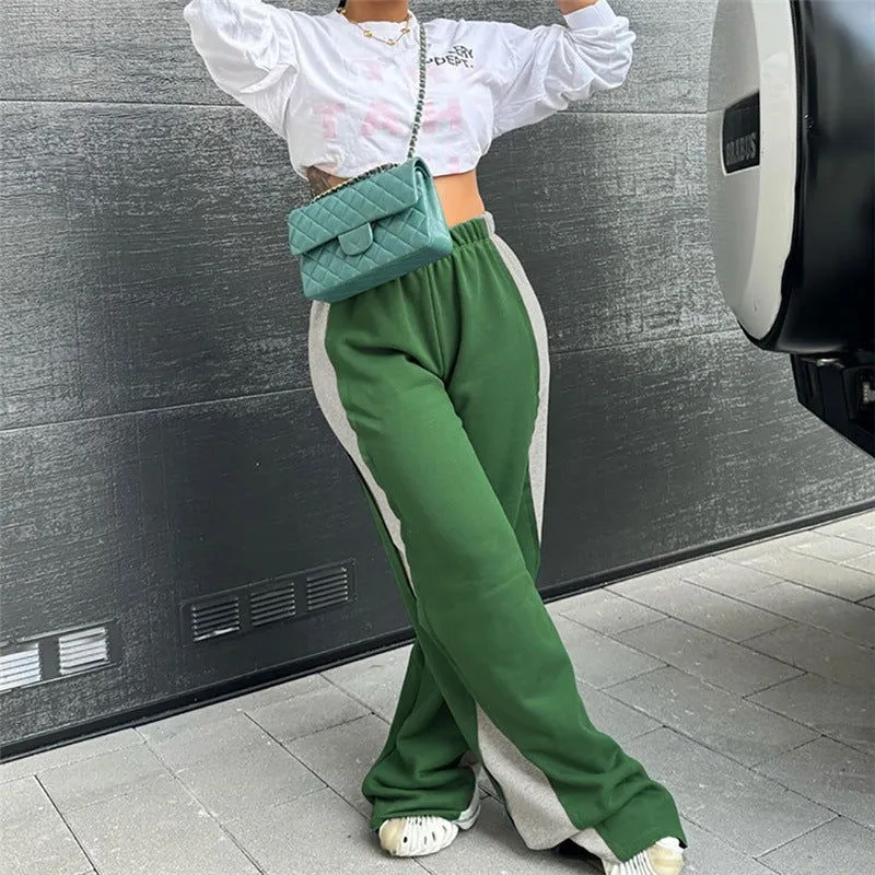 Fall Women Clothing Color Contrast Stitching High Waist Straight Wide Leg Casual Trousers