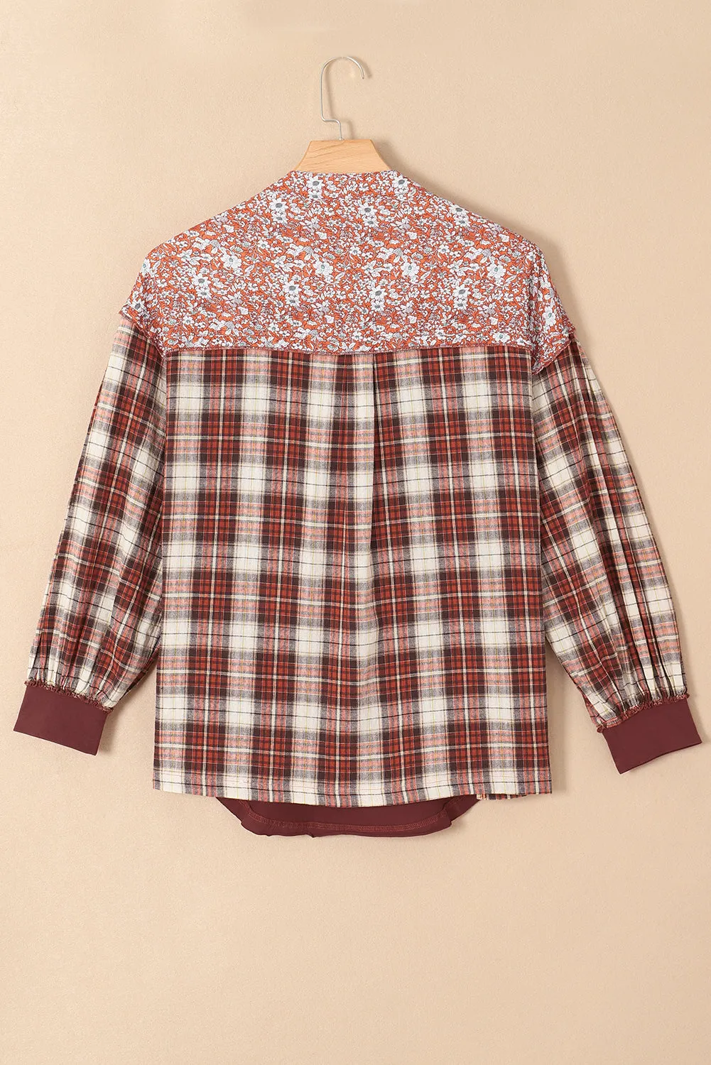 Fiery Red Floral Plaid Mixed Print Bishop Sleeve Patchwork Top