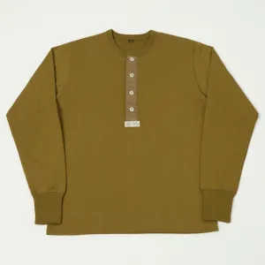 Freewheelers Henley Necked Long Sleeve Shirt - Olive Drab