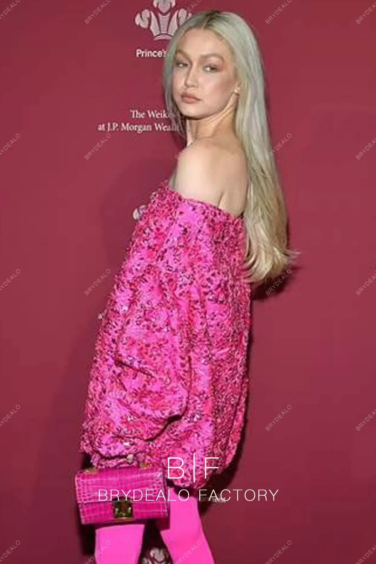 GiGi Hadid Fuchsia Sequin Off Shoulder Mini Length Red Carpet Dress