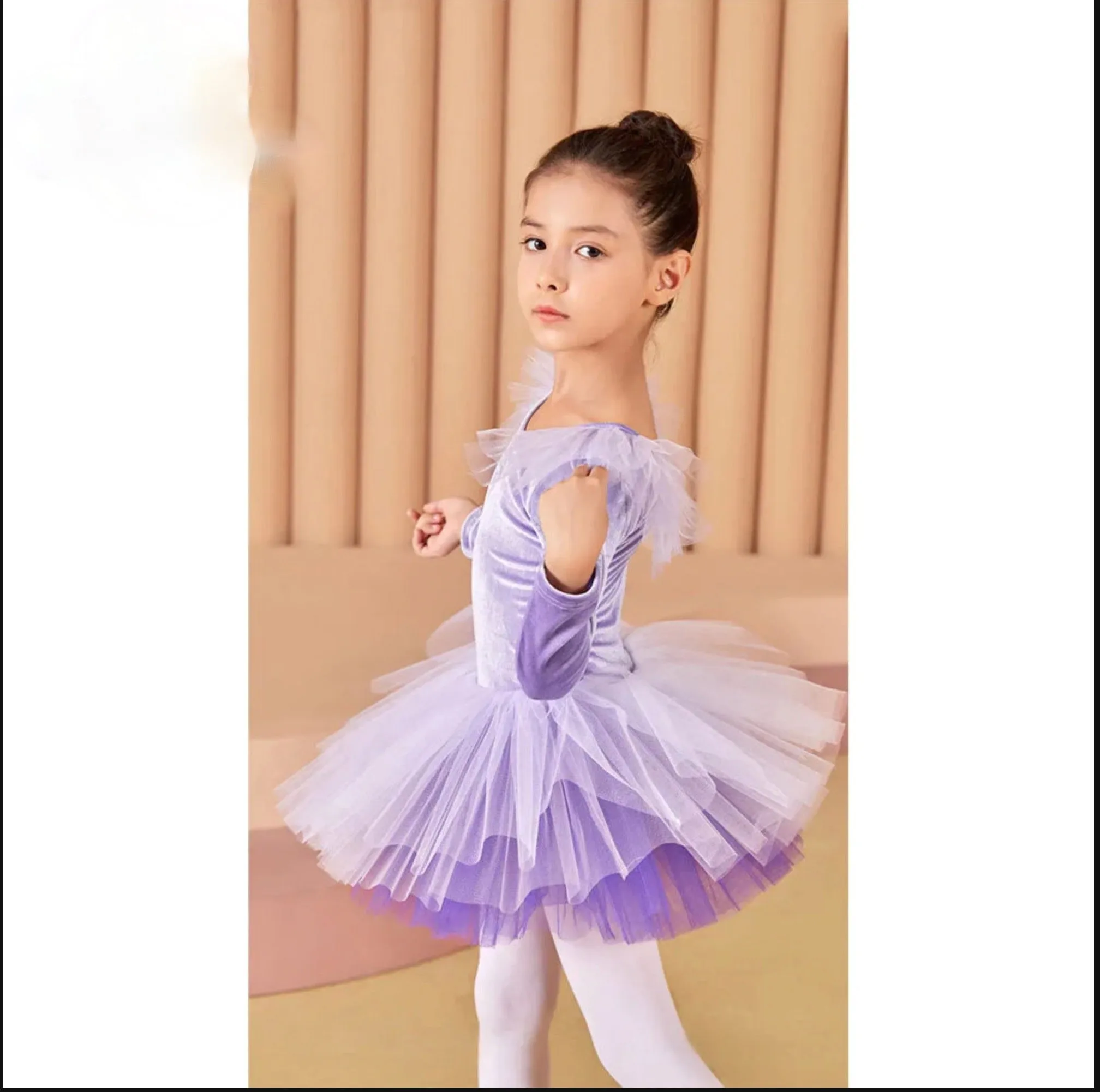 Girls Long-Sleeved Velvet Dance Tutu Leotard Ballet Costume