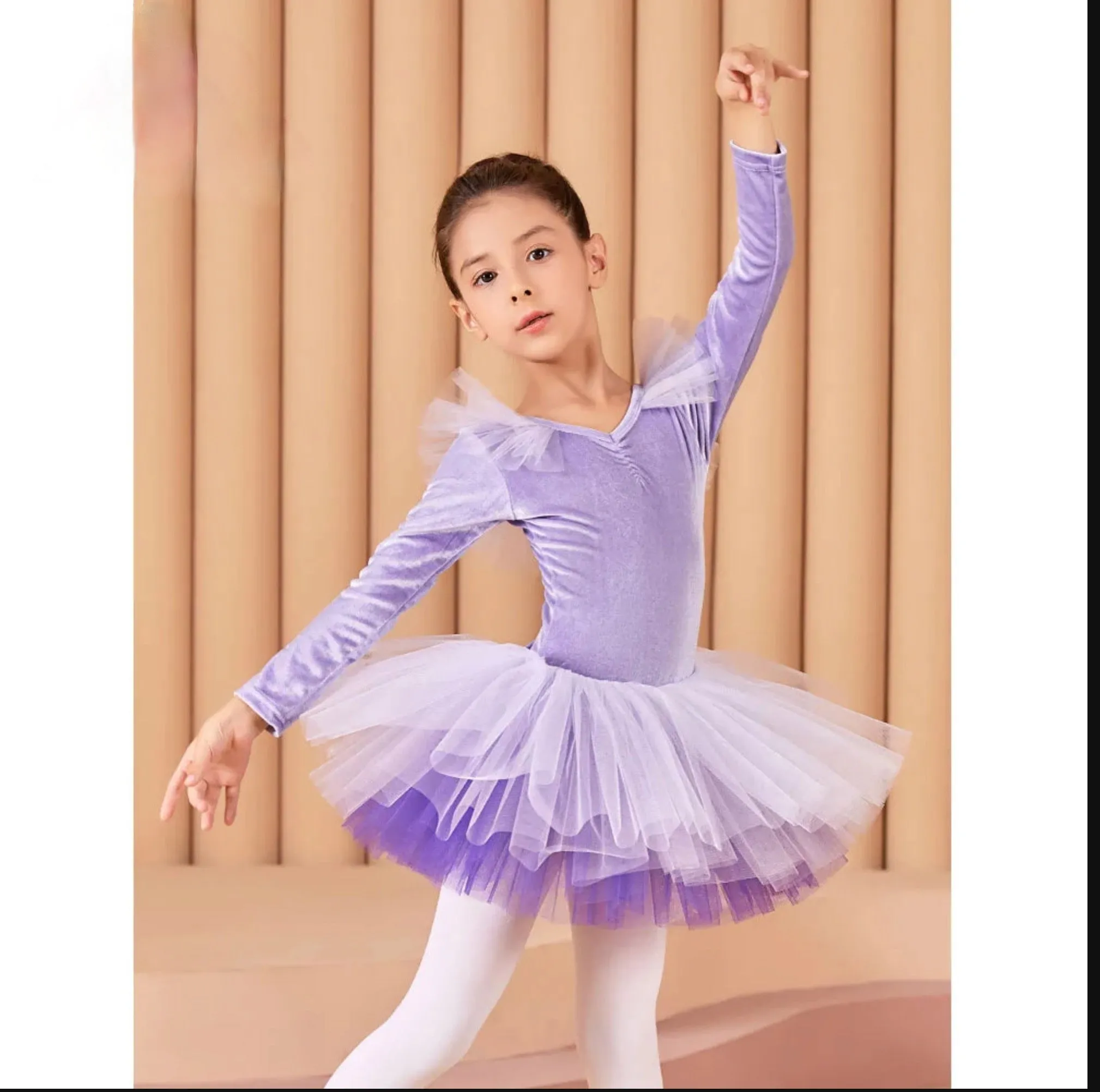 Girls Long-Sleeved Velvet Dance Tutu Leotard Ballet Costume